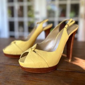 Stuart Weitzman made in Spain yellow leather peep toe stiletto heels